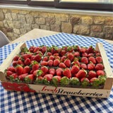 A box full of picked strawberries.